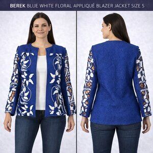 Berek Blue White Floral Appliqué Blazer Jacket Size S